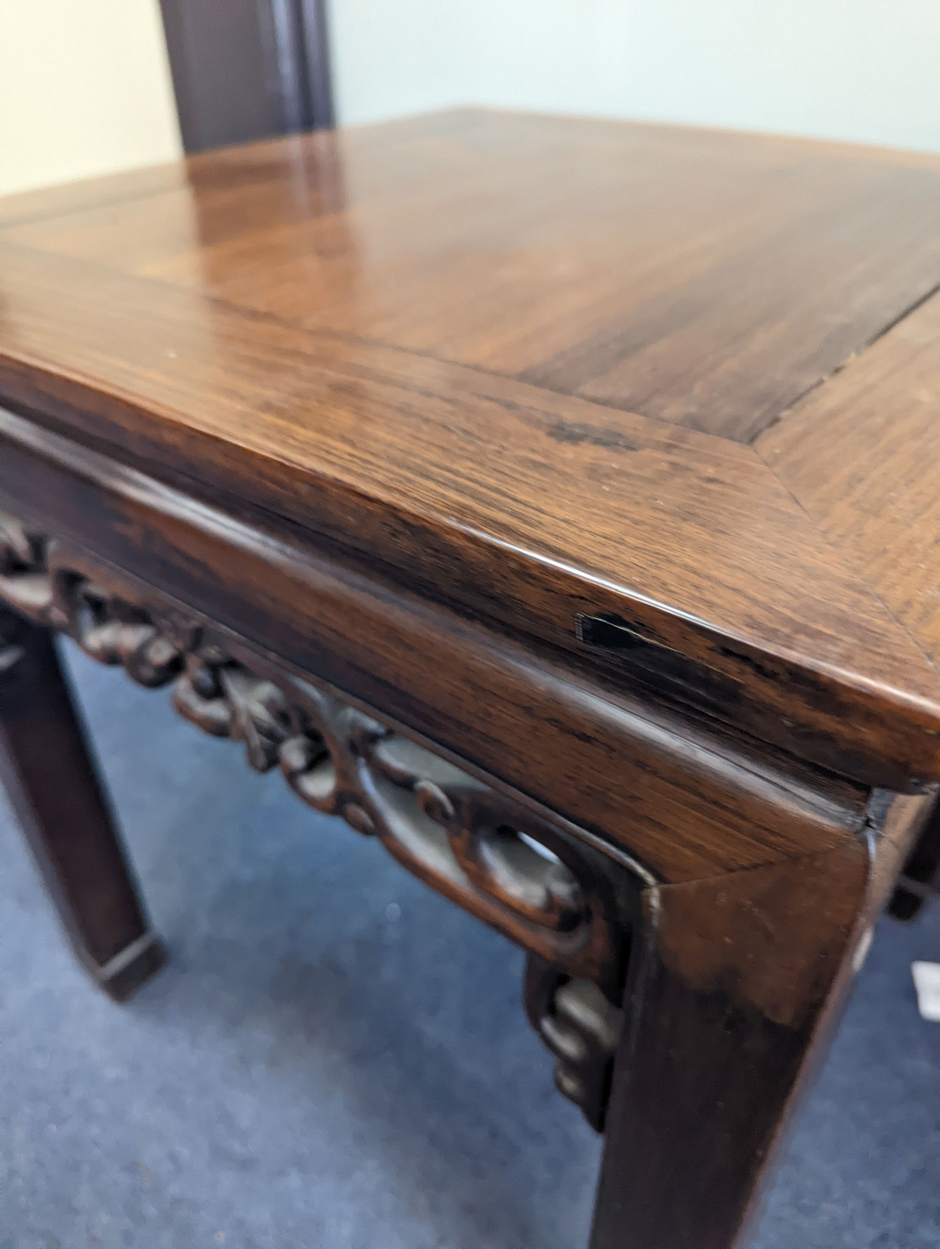 A pair of Chinese hardwood square top tables, 48cm, height 51cm